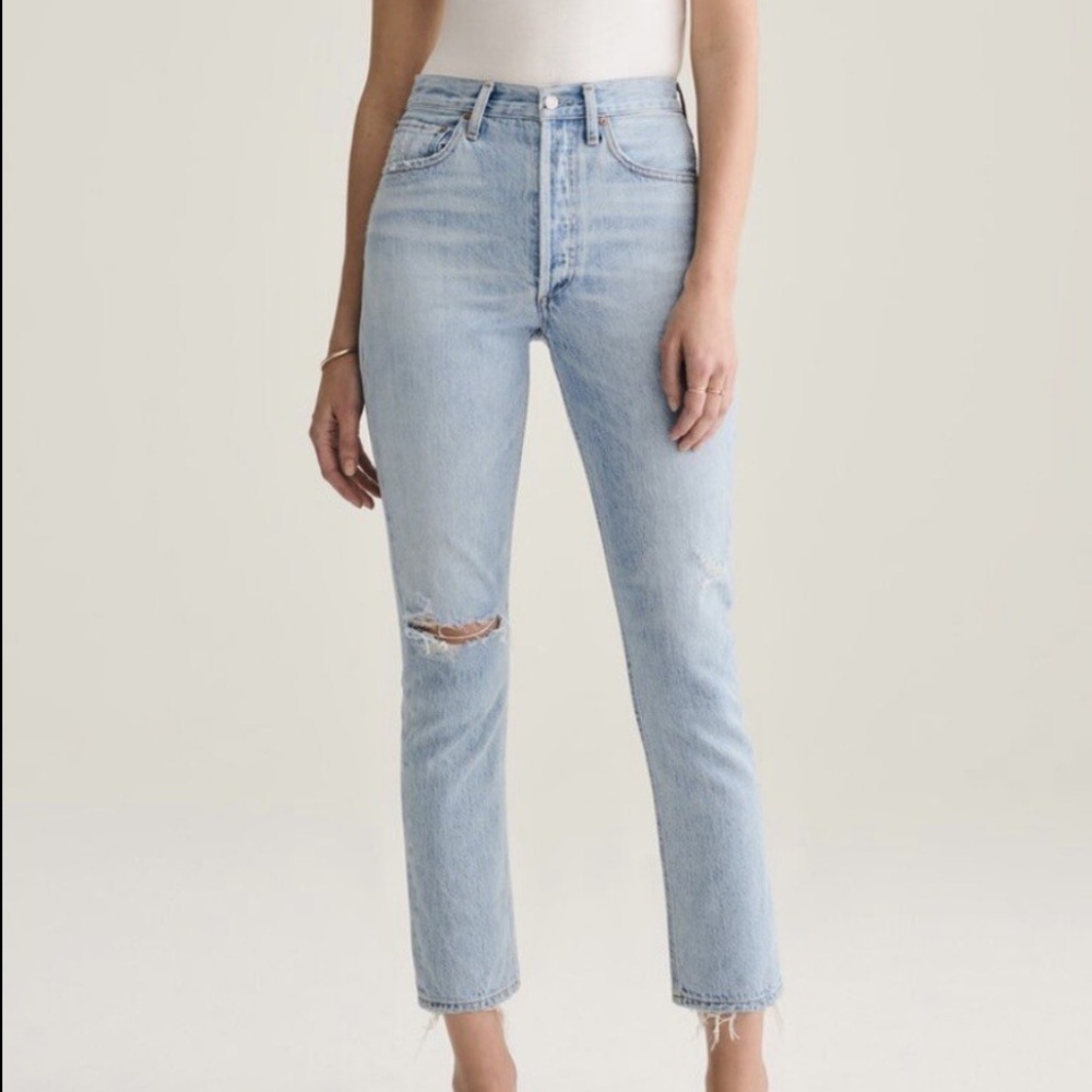 Agolde- Light Wash Denim Riley Highwaisted Distressed Straight Leg Cropped Jeans